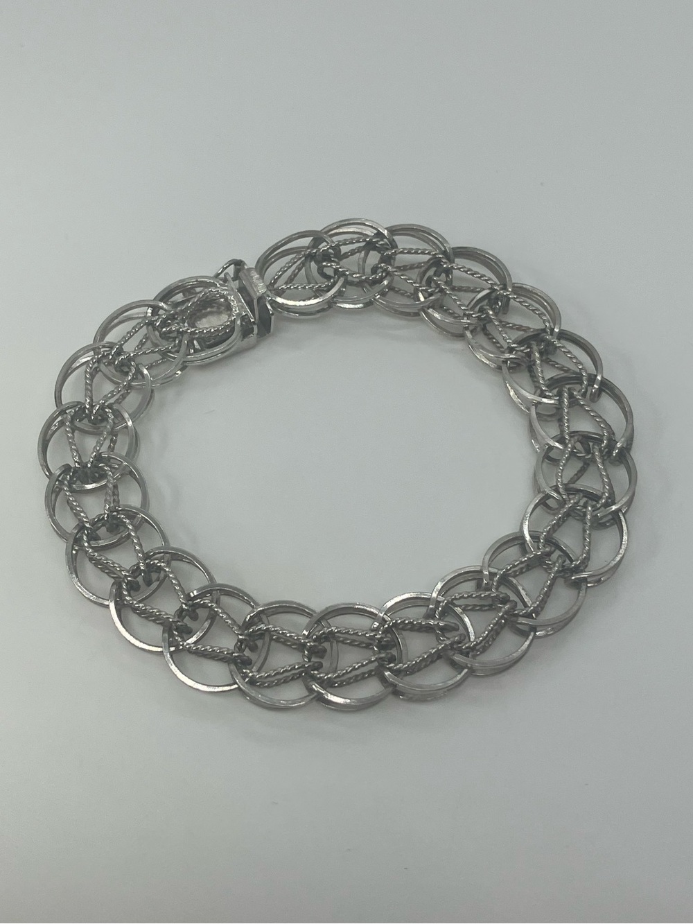 Vtg Sterling Silver Woven Link Charm Bracelet Slide Lock Clasp 7.5” | 13mm | 17